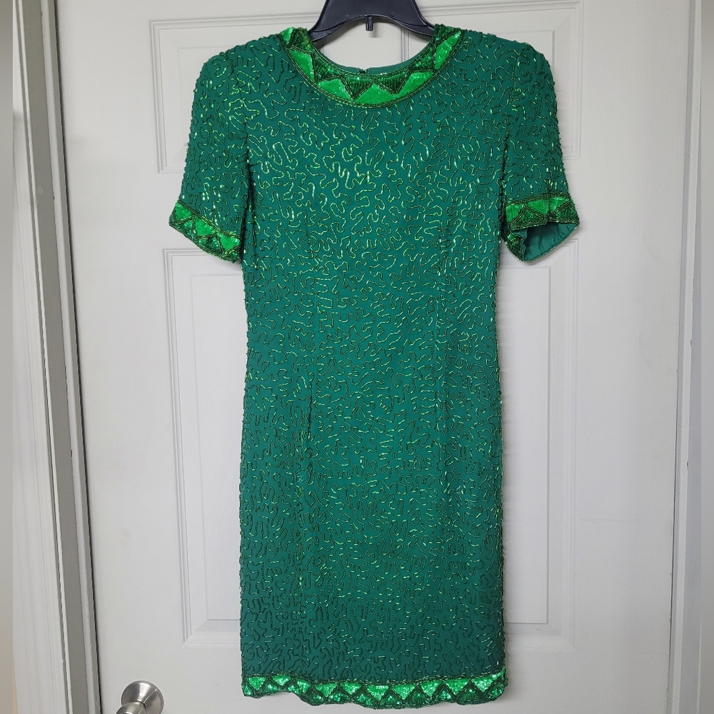 Leslie Fay Evenings Vintage Emerald Green Beaded Fully Lined Dress Size 8